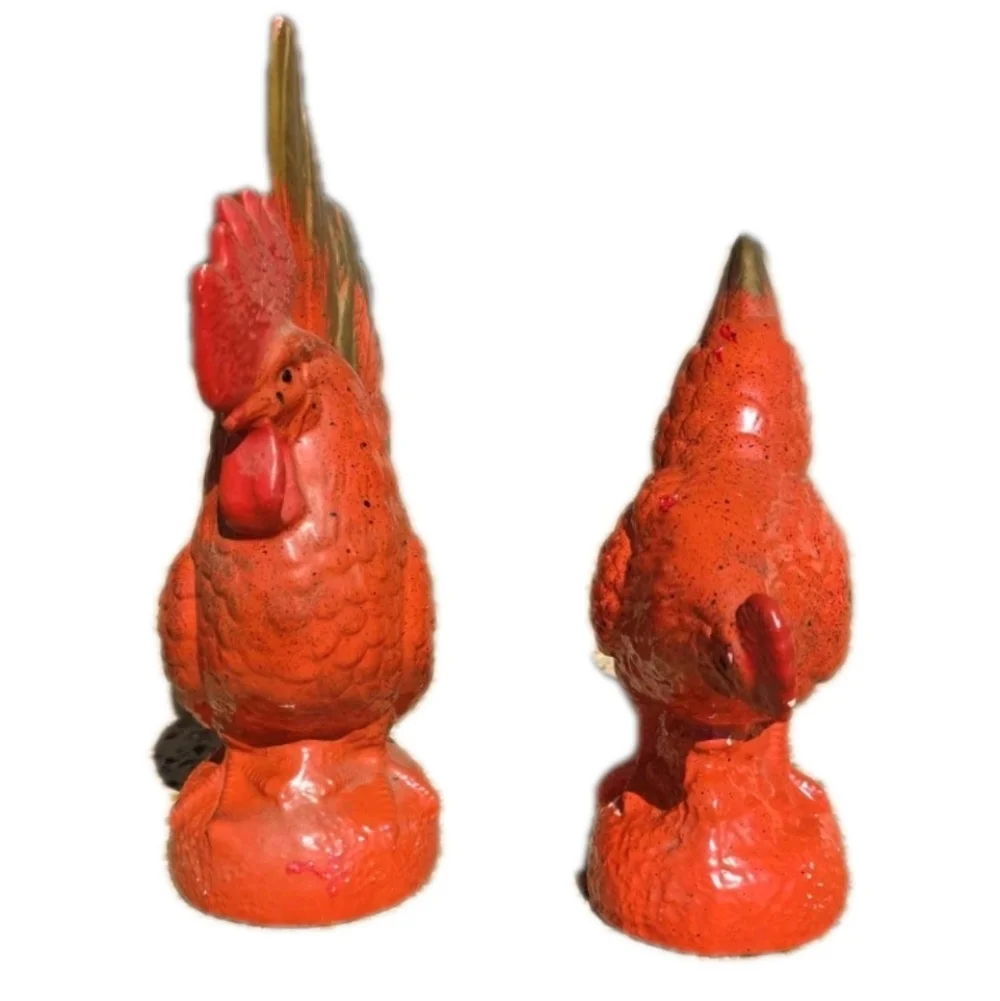 Vintage Rooster and Hen Large Ceramic Figurine 2 pc Red Gold Antique Decor
